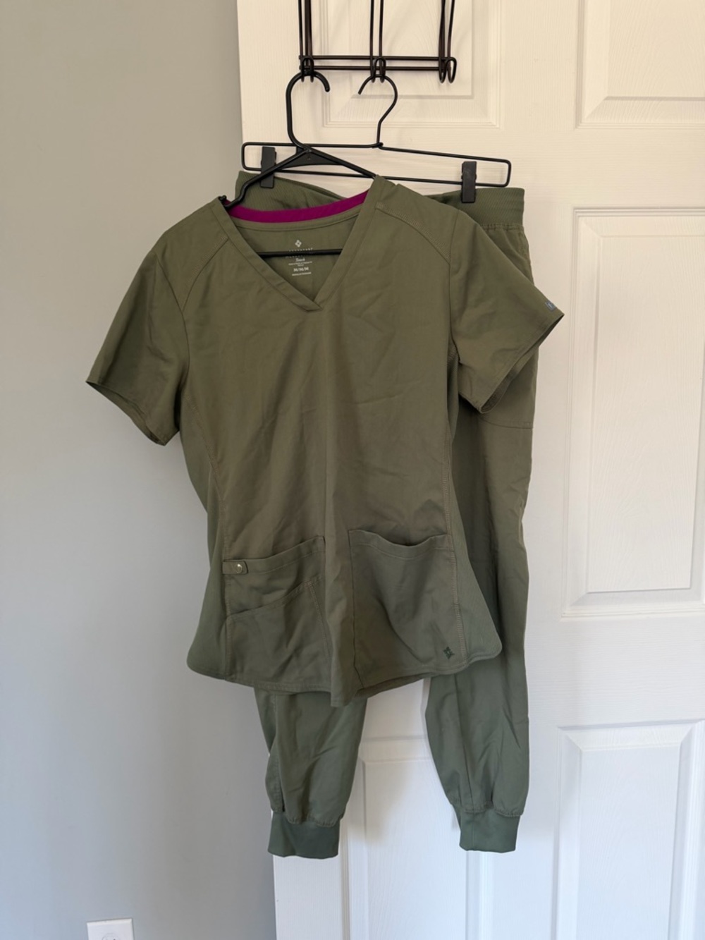 Med Couture Olive Green Scrub Top & Jogger Set with Magenta Trim